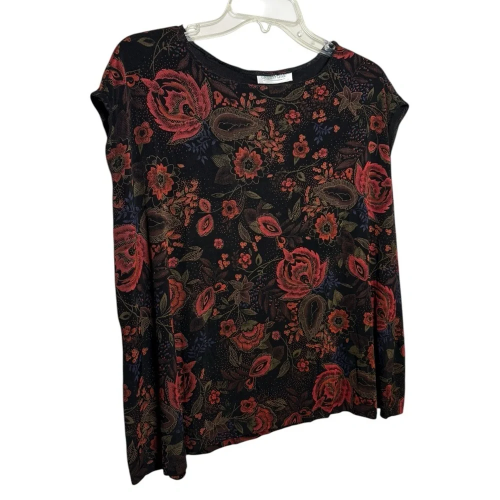 Vintage Dark Floral Short Sleeve Top Size Large XL Black Red - Picture 2 of 5